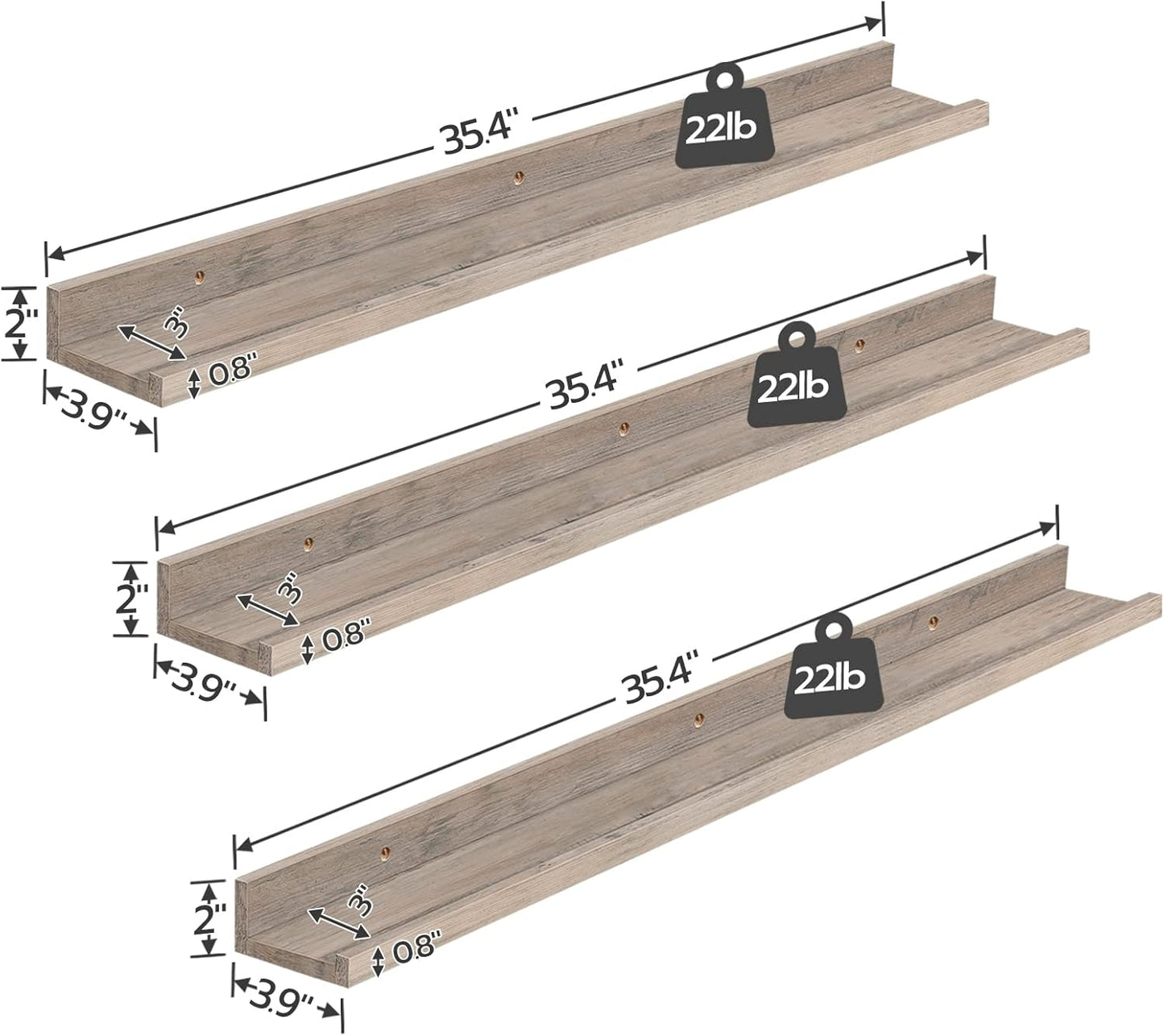 HOOBRO Floating Shelves, Wall Shelf Set of 3, 35.4 Inches Hanging Shelf with Raised Edge and Invisible Brackets, for Bathroom, Bedroom, Kitchen, Office, Living Room Decor, Rustic Brown BF90BJ01