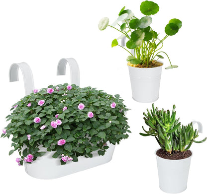 HowRU Metal Iron Flower Pots for Railing Fence Hanging Bucket Pots(5 Pcs) and Hanging Flower Pots Metal Iron Bucket Planter(10 Pcs) (Black)
