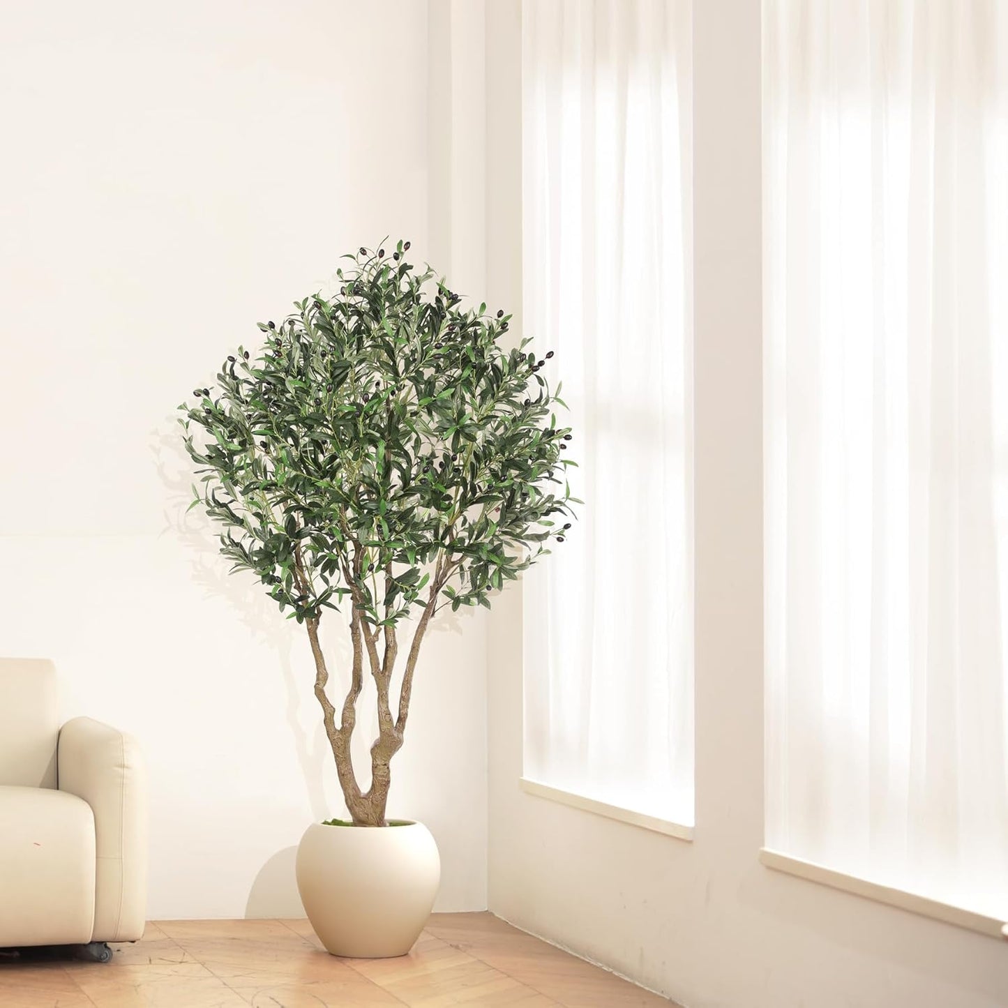 LYERSE Faux Olive Tree 7ft - Artificial Olive Tree Indoor with Large Branches and Realistic Fruits - Fake Olive Tree with Sturdy Base for Modern Home Office House Decor