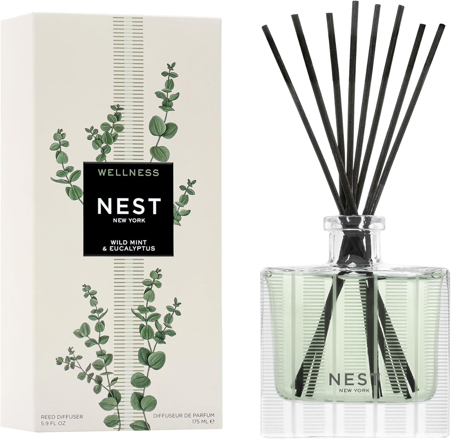 NEST New York Reed Diffuser, Himalayan Salt & Rosewater - The Wellness Collection - 5.9 fl oz - Fragrance for Up to 90 Days - Reusable, Refillable Glass Holder - Includes 8 All-Natural Reed Sticks