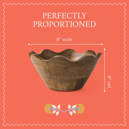 Mela Artisans 12-Inch Mango Wood Scalloped Bowl - Hand-Finished Decorative Serving and Fruit Bowl with Natural Grain for Kitchen Counter, Snacks, Desserts, Bread and Home Decor Centerpiece