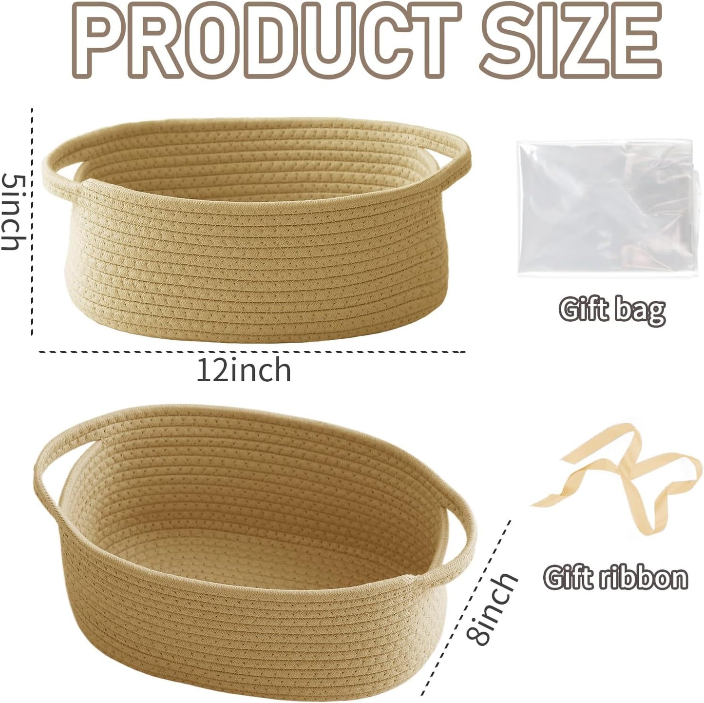 JMvicyroam Woven Basket,Small Rope Storage Bin with Handles & Ribbon Bag, Organizer for Shelves Closets,Gift Basket Empty for Birthday,Books,Dog Toys,White