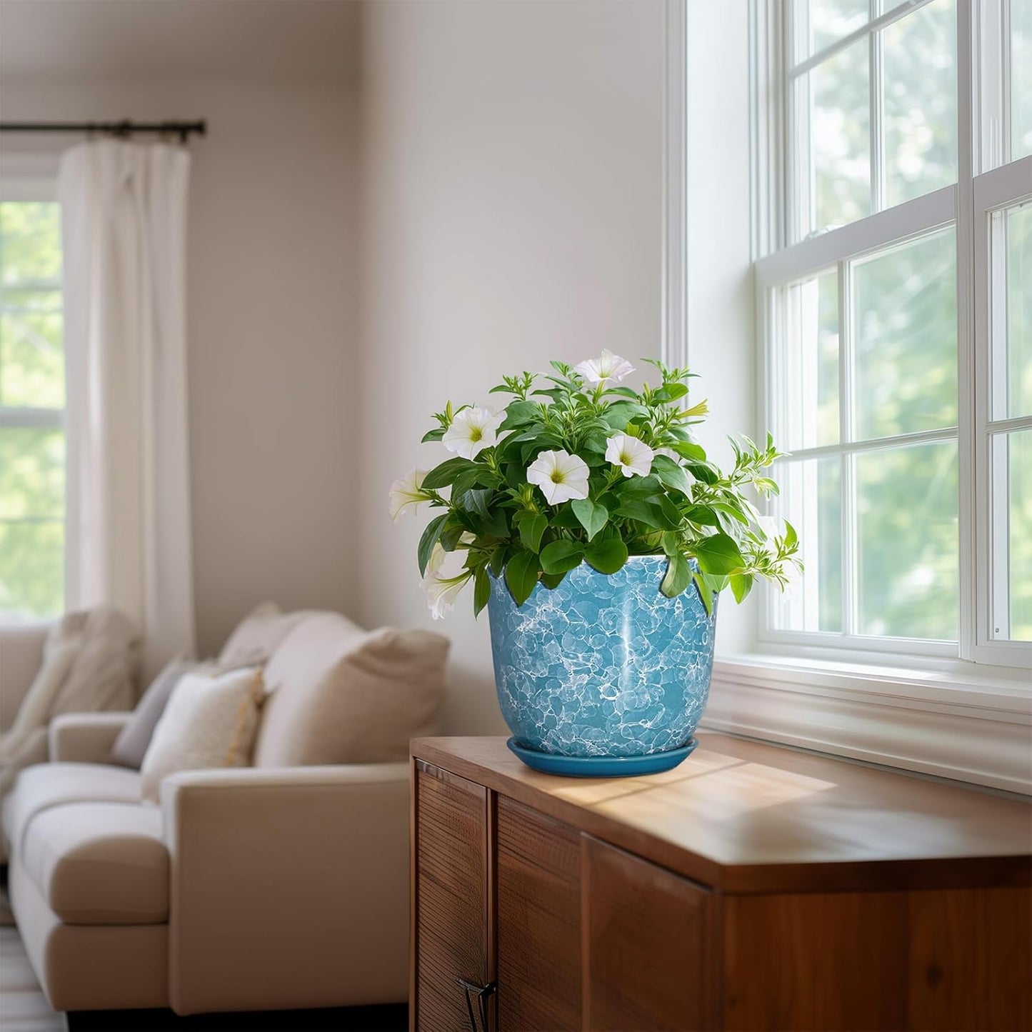 Ceramic Plant Pots - 12 Inch Pots for Plants Indoor Outdoor, Large Round Planter with Drainage Hole and Saucer, Modern Decorative Flower Pot, Home Garden Decor, House Warming Gifts, Blue