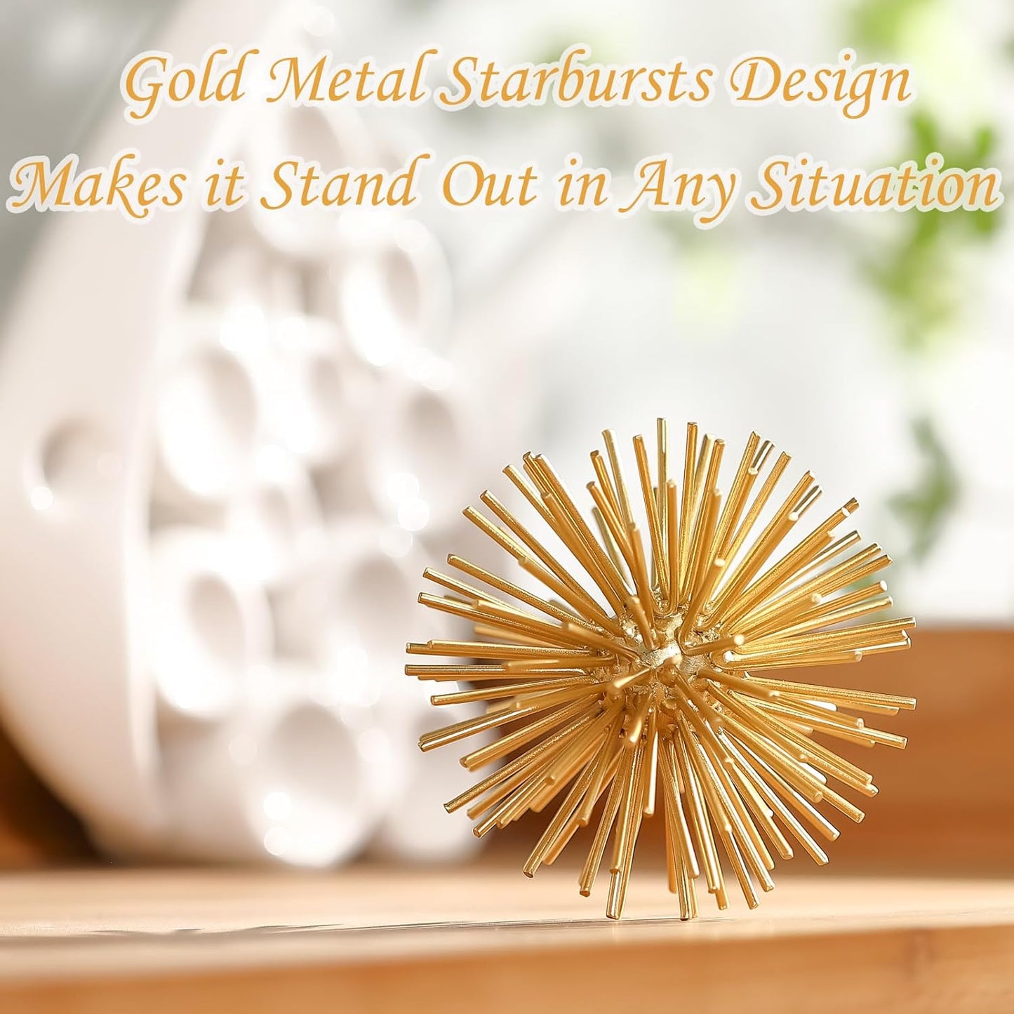 Metal Decorative Starburst Ball, 6 Inch Gold Sphere Decor, Spiky Star Burst Tabletop Sculpture, Mid-Century Modern Metal Spike Ball for Home, Living Room, Office & Shelf Decor