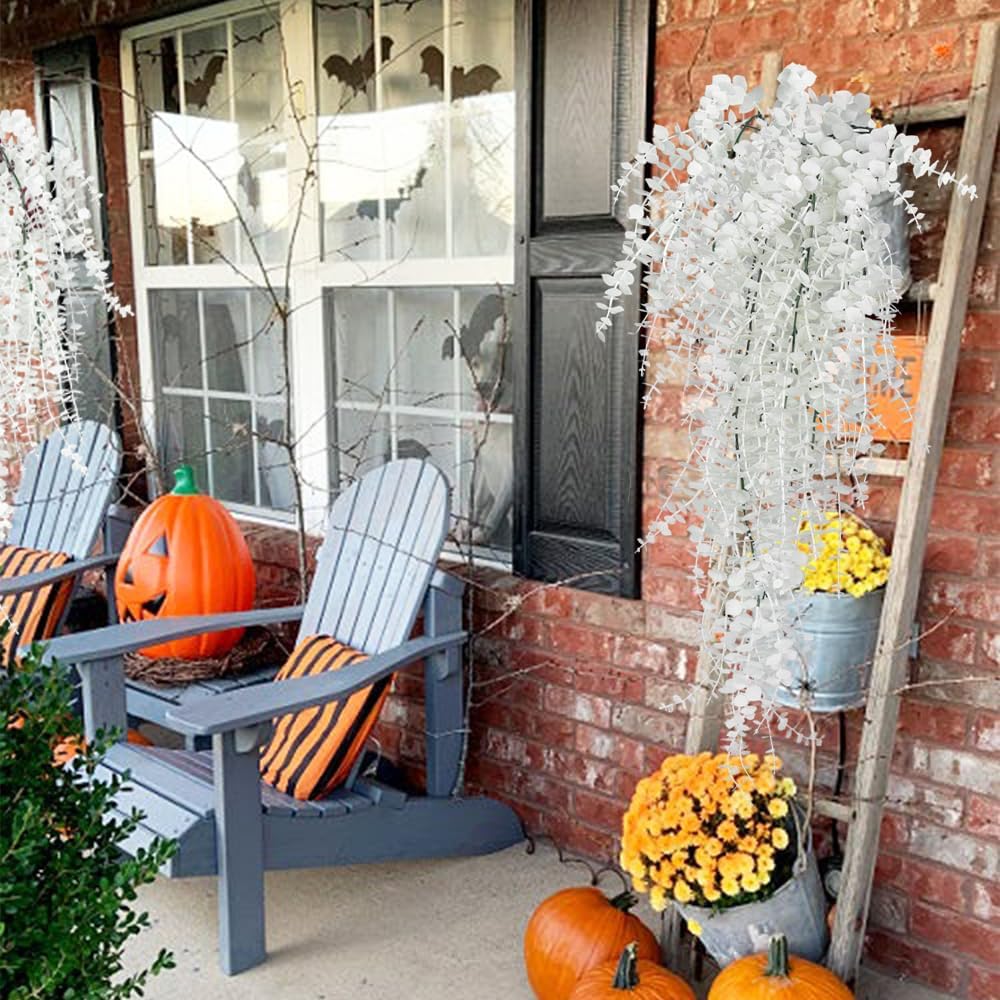 RECUTMS Artificial Hanging Plants Fake Hanging Plant Faux Eucalyptus Leaf Greenery Vine Outdoor UV Resistant Plastic Plants Home Garden Wedding Party Indoor Outdoor Decorations(White)
