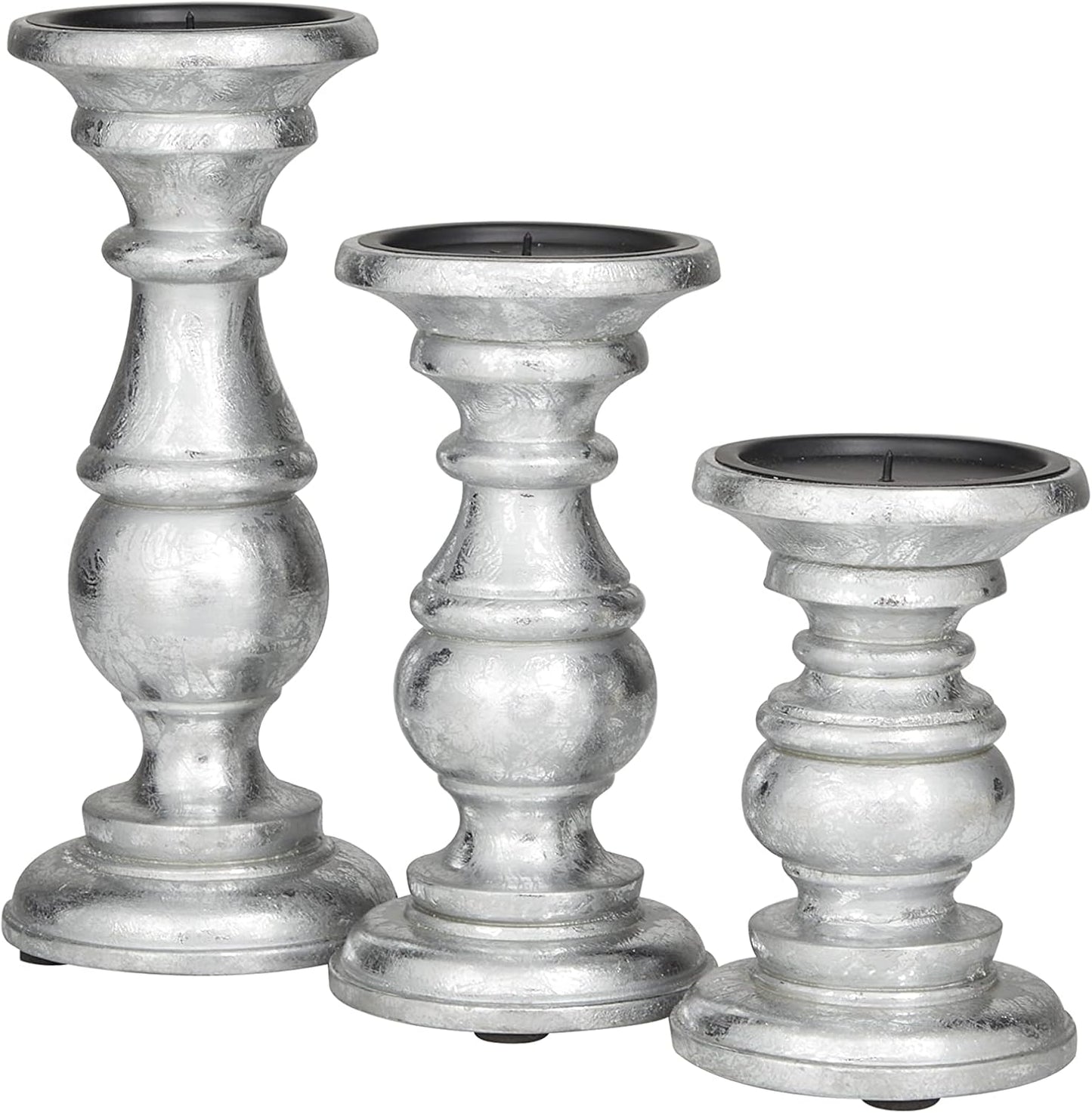 Deco 79 Mango Wood Decorative Candle Holder Distressed Turned Pillar Candle Stand, Set of 3 Candlestick Holder 6", 8", 10"H, Light Blue