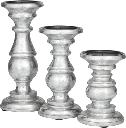 Deco 79 Mango Wood Decorative Candle Holder Distressed Turned Pillar Candle Stand, Set of 3 Candlestick Holder 6", 8", 10"H, Light Blue