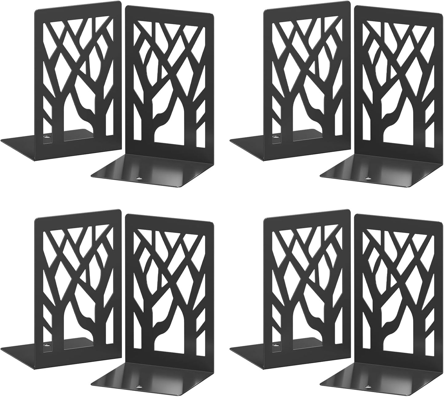 VFINE 4-Piece Modern Metal Bookends for Shelves, Black Tree Book Ends for Books, Decorative Book Organizer for Desk, Non-Skid Shelve Bookends for Home Office