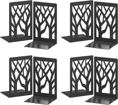 VFINE 4-Piece Modern Metal Bookends for Shelves, Black Tree Book Ends for Books, Decorative Book Organizer for Desk, Non-Skid Shelve Bookends for Home Office