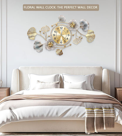 Clocks for Living Room, Large Wall Clock, 3D Silent Wall Clock, Retro Metal Ginkgo Leaf Design, for Bedroom Kitchen Decorative Wall Clocks（32''x18'' ）
