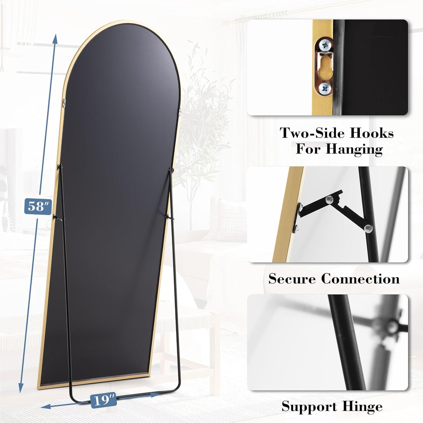 DUMOS Arched Full Length Mirror with Stand 64"x21" Floor Standing Aluminum Frame for Bedroom Body Hanging Leaning Modern Simple Home Decor Shatter-proorf Nano Glass Wall Living Room Cloakroom Black