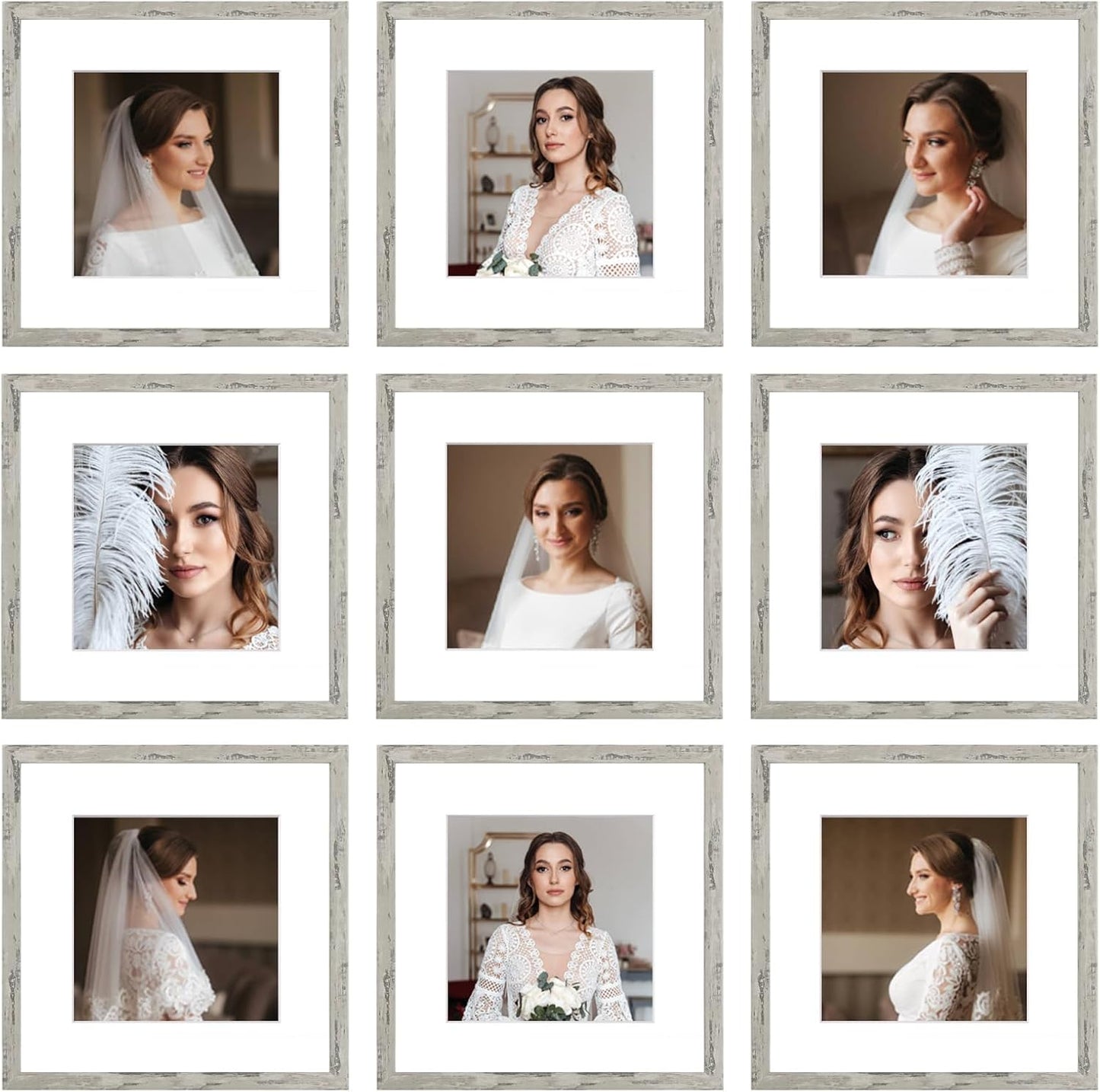 12x12 Picture Frame Set of 9, Display Pictures 8x8 with Mat or 12x12 without Mat, Multi Collage Gallery Square Photo Frames for Wall or Tabletop, Black