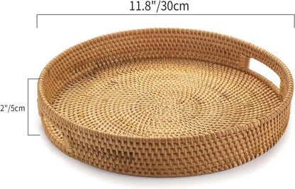 13.8 inch Round Rattan Tray, Decorative Coffee Table Tray, Ottoman Tray, Woven Serving Tray with Handles, Wicker Serving Basket, Whitewash