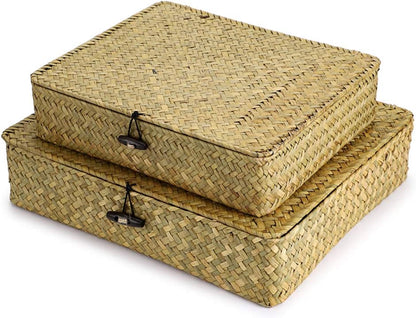 Hipiwe Set of 2 Flat Woven Wicker Storage Bins with Lid Natural Seagrass Basket Multipurpose Home Boxes for Shelf Organizer (Coffee)