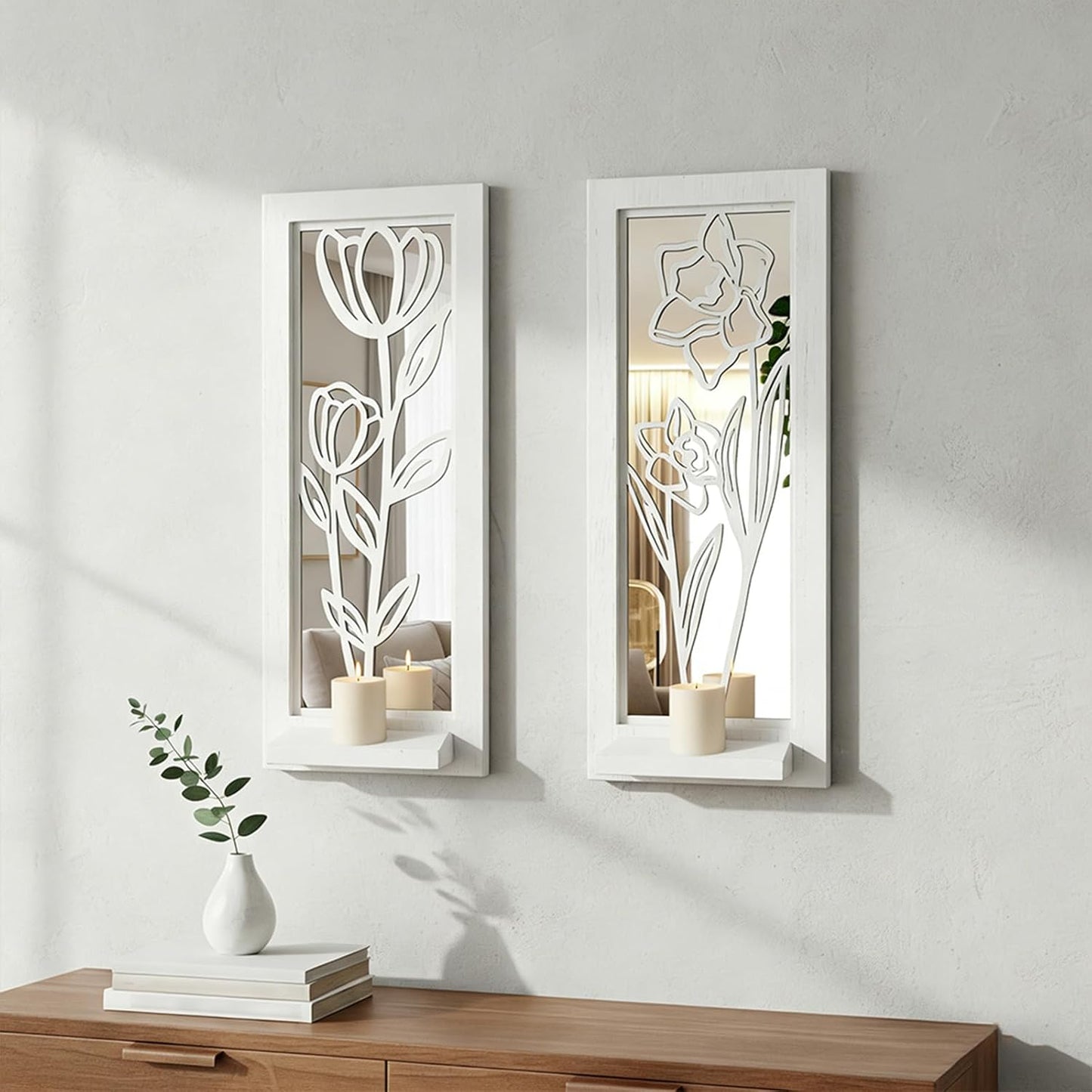 Wood Wall Sconce Candle Holder Set 2, Rustic Wall-Mount Candle Holders, Farmhouse Hanging Wall Décor, Carved Wood Frame, Mirrored Candle Holder (Distressed White)