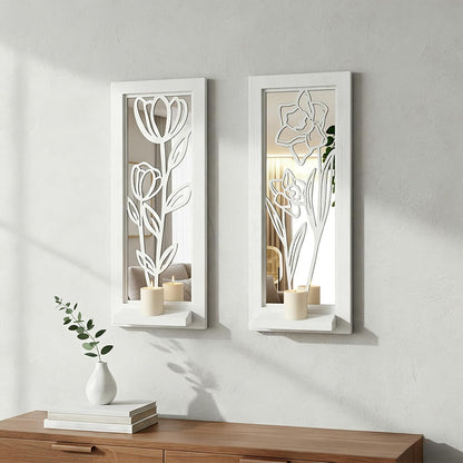 Wood Wall Sconce Candle Holder Set 2, Rustic Wall-Mount Candle Holders, Farmhouse Hanging Wall Décor, Carved Wood Frame, Mirrored Candle Holder (Distressed White)