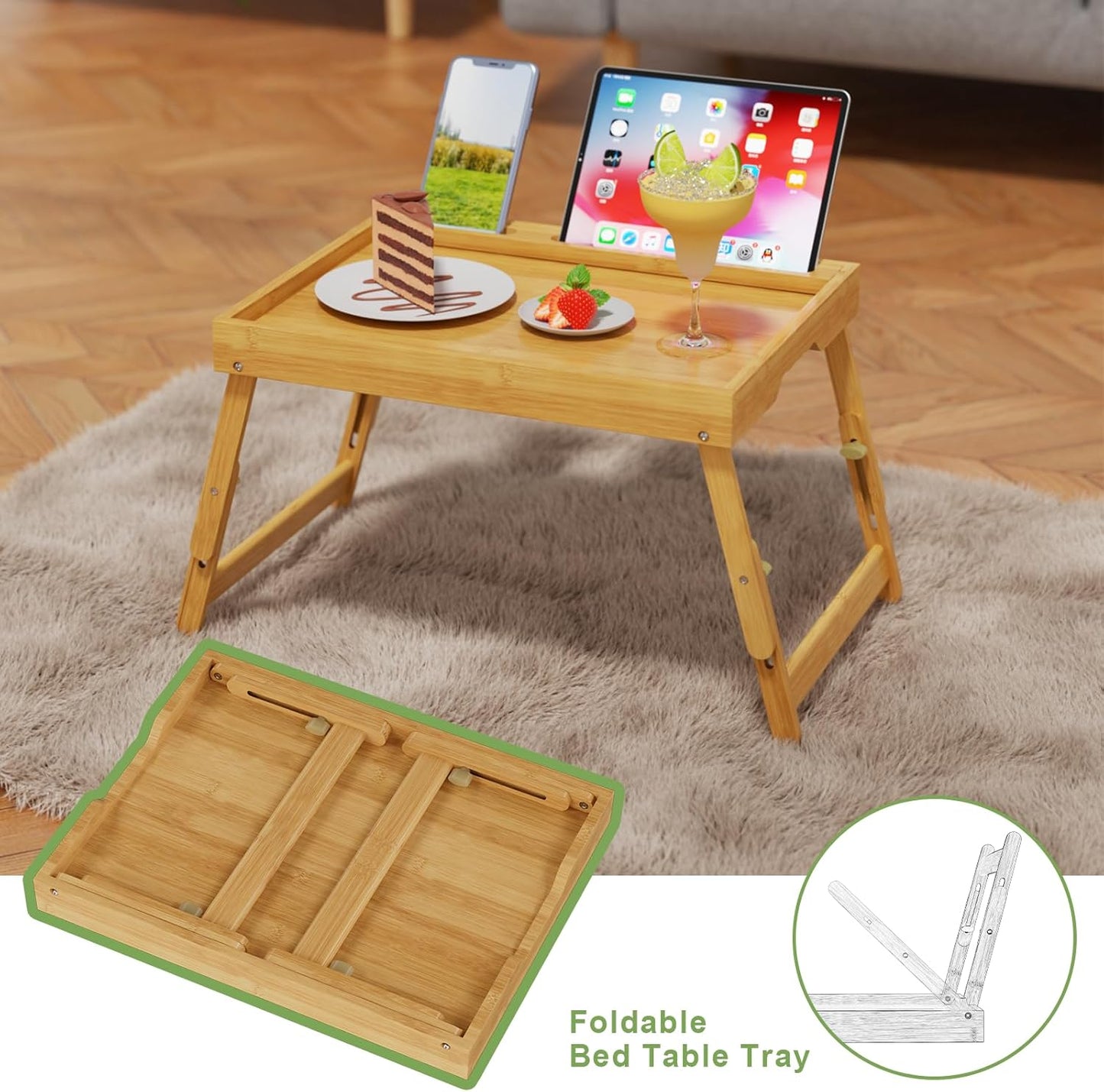 Bed Tray Table with Handles Folding Legs,Bamboo Breakfast Food Tray with Media Slot,Use As Platter,Laptop Desk,Snack,TV Tray Kitchen Serving Tray Black Large