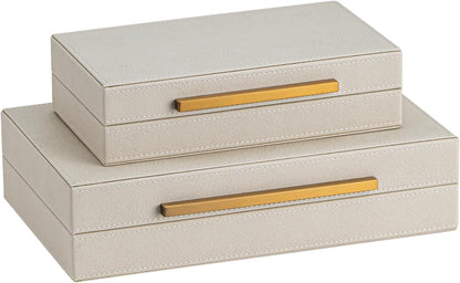 Set of 2 Shagreen Decorative Box, Modern Faux Leather Beige Decorative Storage Boxes with Lids and Metal Handles, Jewelry & Memory Box for Home, Office Decor (Beige+Gold Handles)