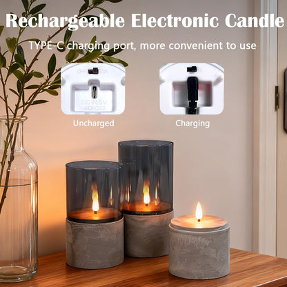 Rechargeable Flameless Glass Pillar Candles–Gifts for Women,–Set of 3, Realistic Flickering LED Light,Remote & Timer, Ideal for Living Room, Bedroom & Festival Wedding Home Party Decor