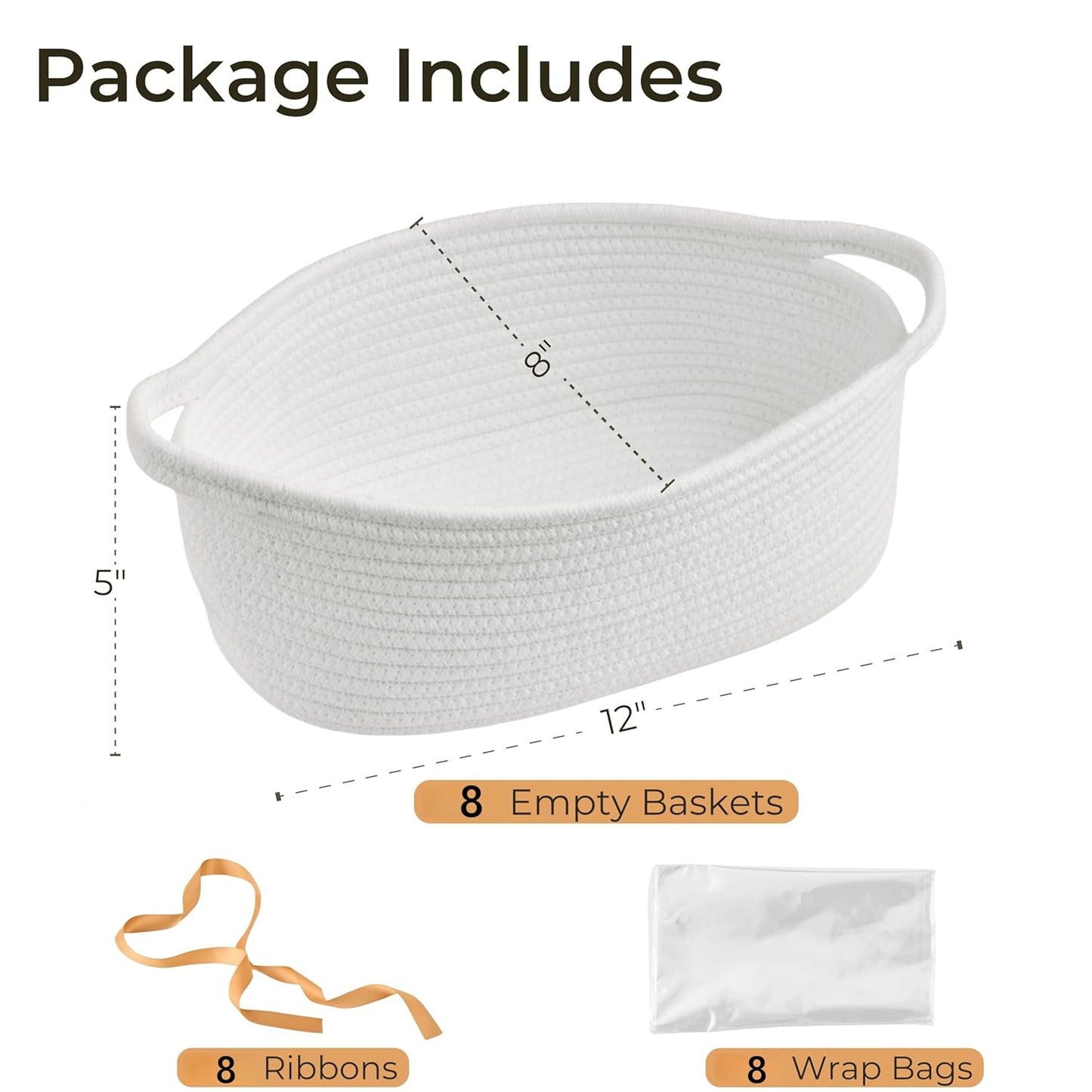 Small Woven Gift Basket Empty with Bag & Ribbon - Gifts for Mom, Baby Shower, Birthdays & Raffle - Cotton Rope Storage Basket for Dog Toys or Shelf - 12"x8"x5", White