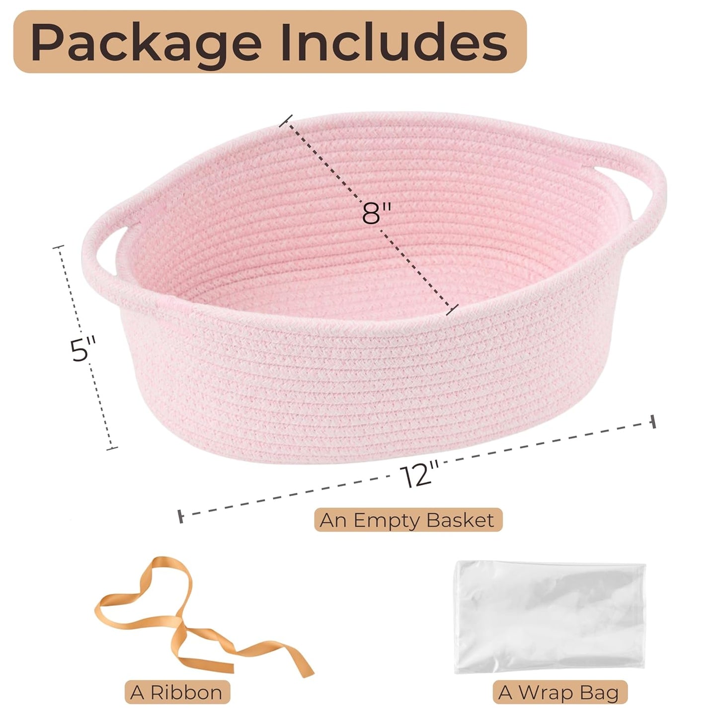 Small Woven Gift Basket Empty with Bag & Ribbon - Gifts for Mom, Baby Shower, Birthdays & Raffle - Cotton Rope Storage Basket for Dog Toys or Shelf - 12"x8"x5", White