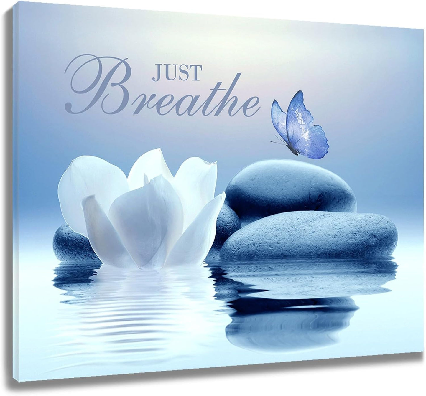 EOBTAIN Zen Flower Canvas Wall Art Bathroom Butterfly and Water Lily Stone Relaxing Spiritual Yoga Framed Wall Art Just Breathe Pictures Canvas Wall Decor for Living Room Bedroom,12x16 Inches