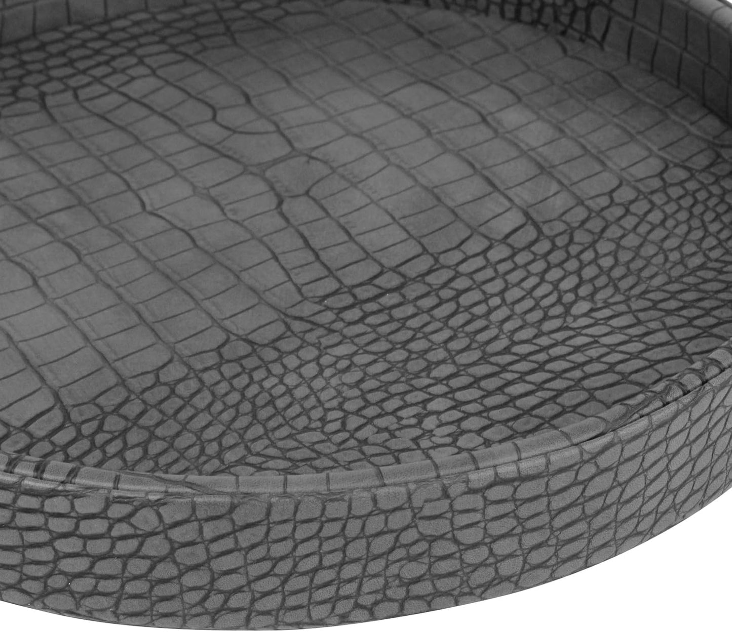 HofferRuffer Round Serving Tray 20'', Elegant Faux Leather Circle Ottoman Table Tray, Serve Tea Coffee Breakfast in Bedroom Living Room Kitchen (Brown)