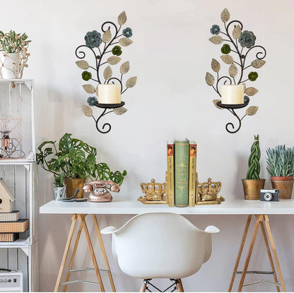 Wall Sconces Candle Holder Set of 2, Antique Multi-Color Leaf Branch Wall Mount Hanging Metal Wall Candle Holder Candle Sconce for Living Room Dining Room…