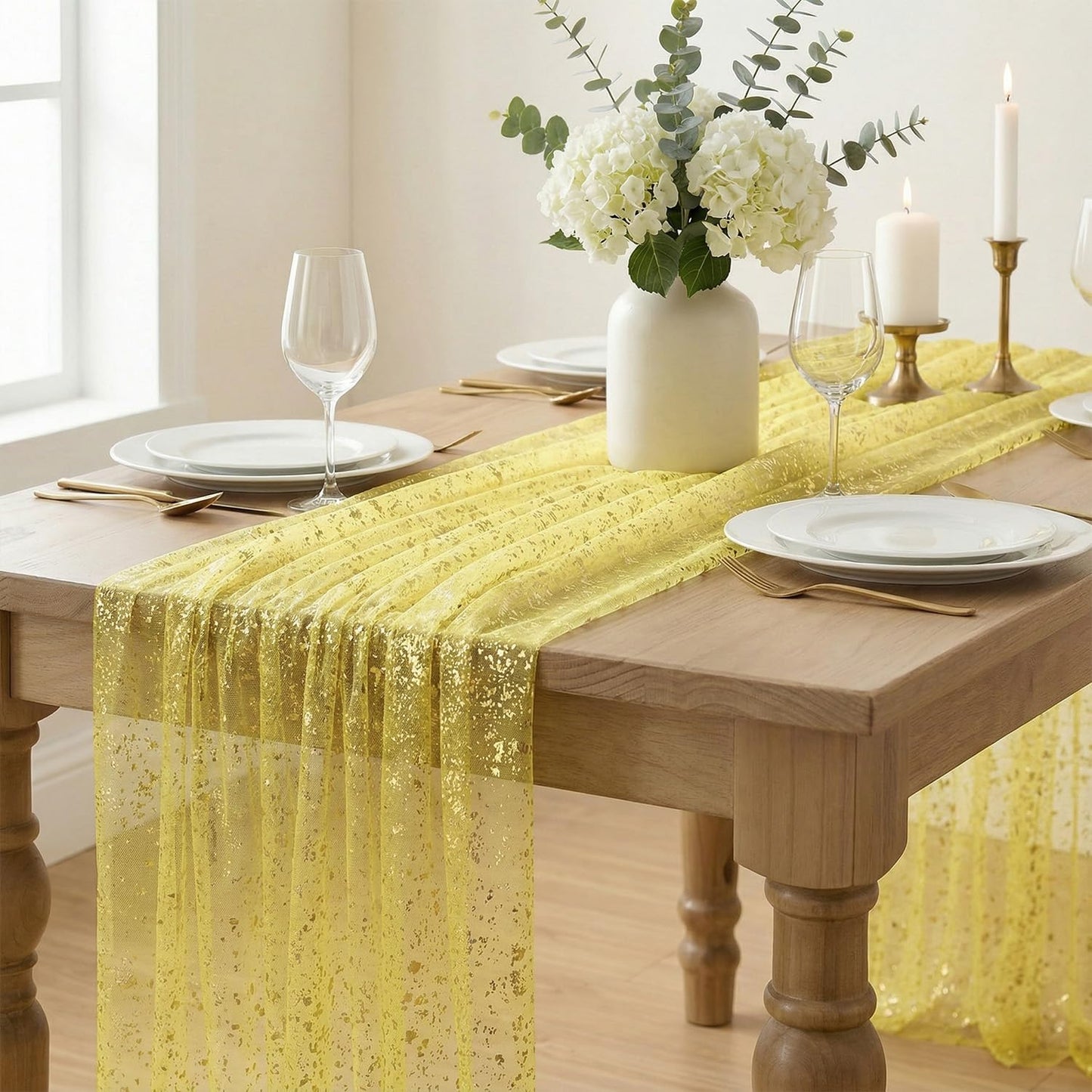 Artoid Mode Beige Gold Gauze Table Runner 120 Inch 10FT, Glitter Metallic Foil Sheer Dining Wedding Anniversary Holiday Birthday Table Decor for Home Party
