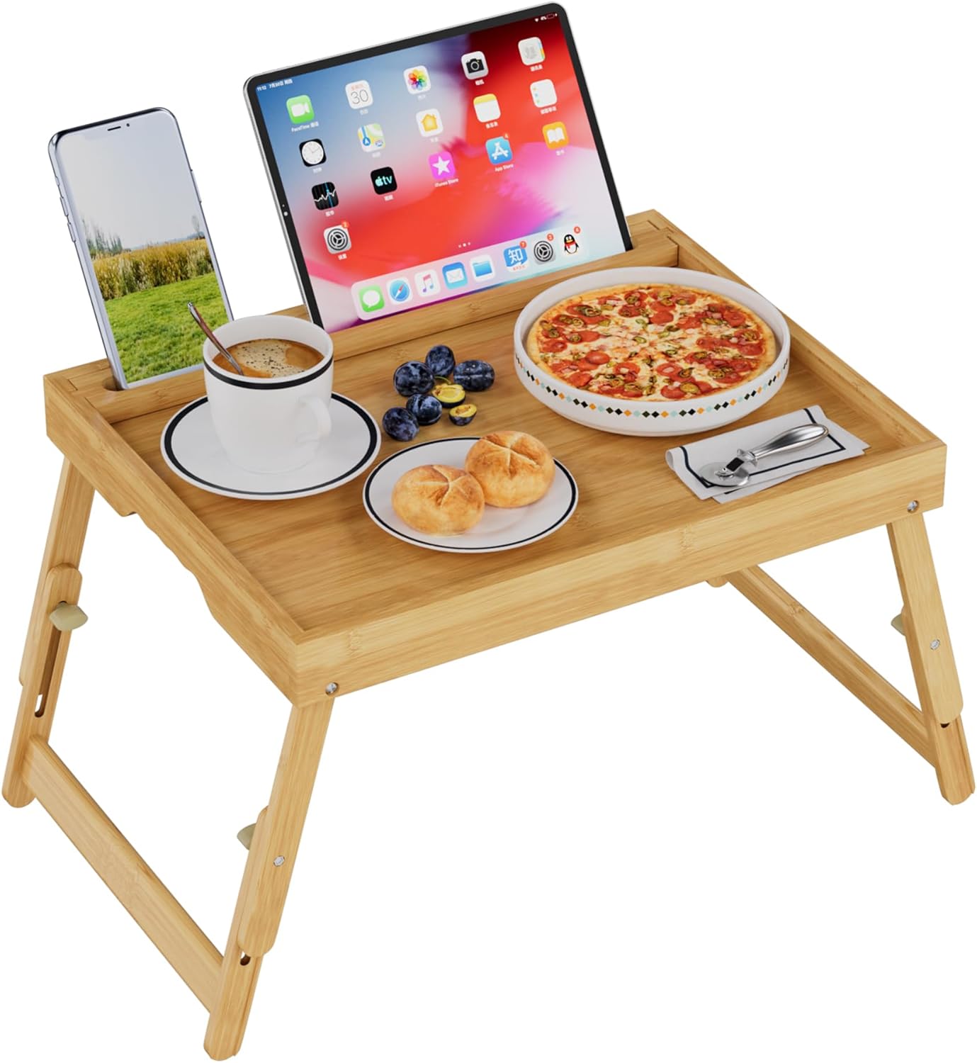 Bed Tray Table with Handles Folding Legs,Bamboo Breakfast Food Tray with Media Slot,Use As Platter,Laptop Desk,Snack,TV Tray Kitchen Serving Tray Black Large