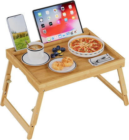Bed Tray Table with Handles Folding Legs,Bamboo Breakfast Food Tray with Media Slot,Use As Platter,Laptop Desk,Snack,TV Tray Kitchen Serving Tray Black Large