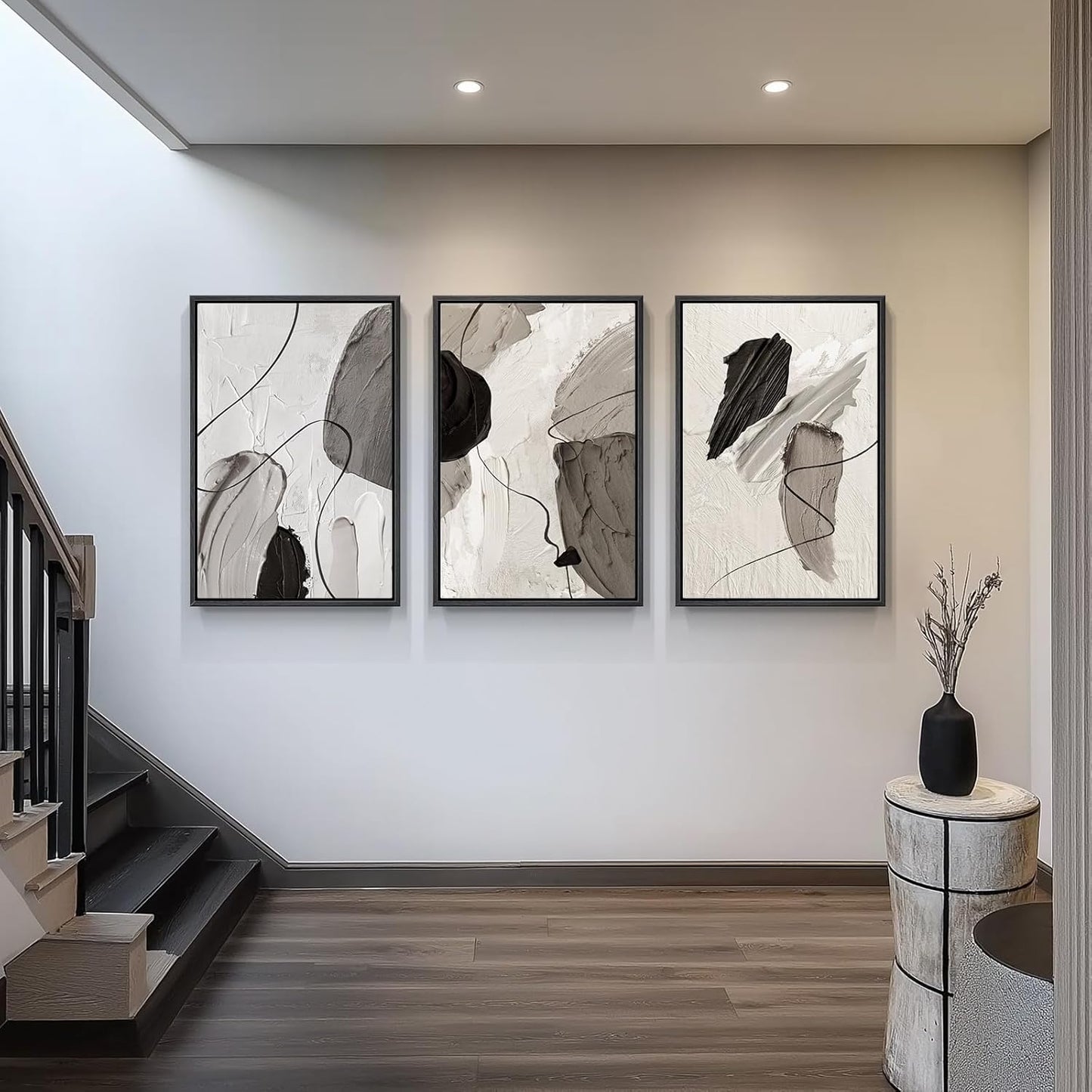 Large Framed Black and White Abstract Wall Art for Living Room, 3 Piece Big Modern Canvas Prints Paintings Artwork for Walls, Minimalist Abstract Art Pictures for Hallway, Office Wall Decor 24x36 In