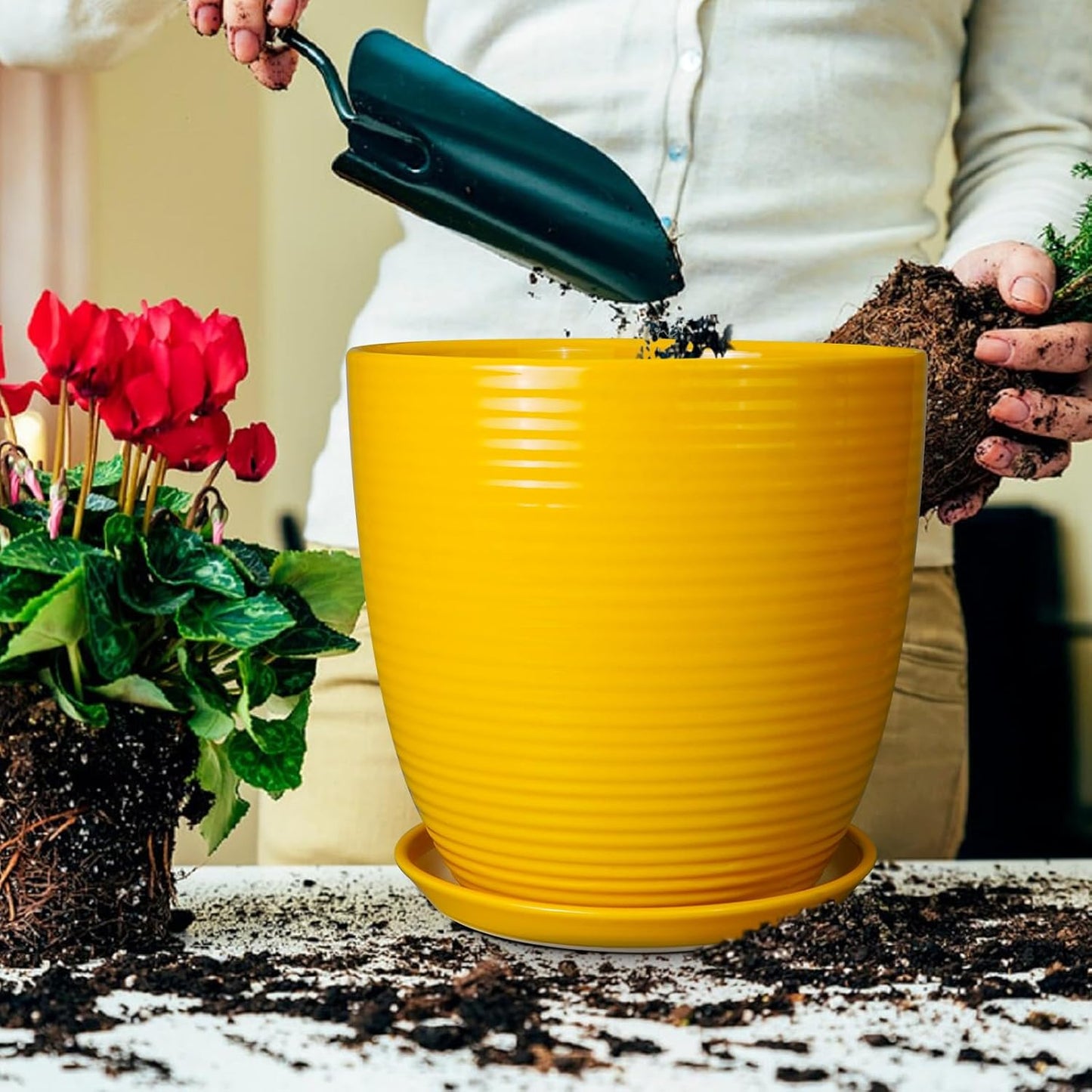 Ceramic Pots for Plants - 6 Inch Plant Pot with Drainage Hole and Saucer, Round Planters for Indoor Outdoor, Flower Pots, Modern Planter, Home Office Room Decor, Gifts for Plant Lovers, White