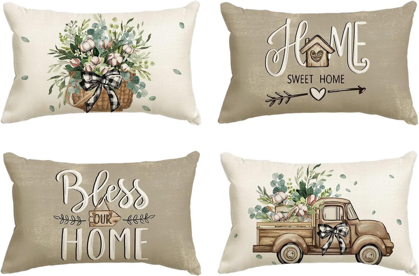 AVOIN colorlife Bless Our Home Farmhouse Eucalyptus Leaves Throw Pillow Covers, 18 x 18 Inch Truck Home Sweet Home Cushion Case Decorations Set of 4