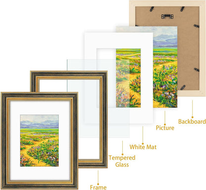 Golden State Art,11x14 Ornate Picture Frame for 8x10 Photo with Mat or 11 x 14 Prints without Mat,Real Glass Wall Display(Color:Green Gold)