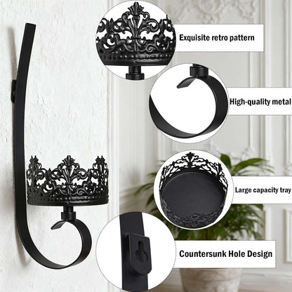 Set of 2 Black Wrought Iron Wall Mount Candle Sconces - Farmhouse Style Hanging Candle Holders for Living Room, Bathroom, Dining Room, and Window Decor (2, Black-B Style)