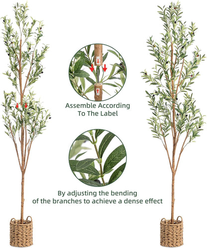 6ft Artificial Olive Tree with LED Fairy Lights, Tall Faux Potted Plant with Woven Basket - Natural Wooden Trunk & Lifelike Leaves & Fruits for Indoor Home Office Foyer Decor Housewarming Gift