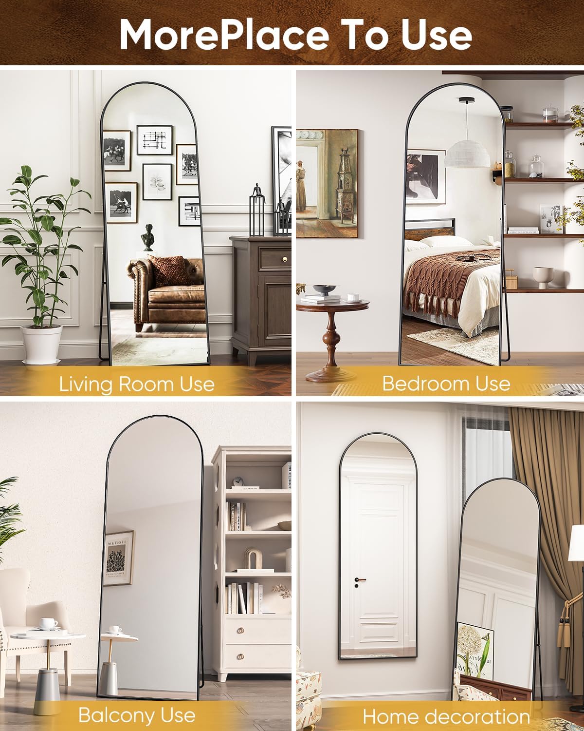 Antok 71" x28” Arched Full Length Floor Mirror, Black Aluminum Frame, Free Standing/Wall Mount/Leaning for Bedroom, Living Room, Dressing Room