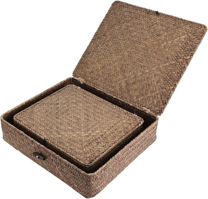 Hipiwe Set of 2 Flat Woven Wicker Storage Bins with Lid Natural Seagrass Basket Multipurpose Home Boxes for Shelf Organizer (Coffee)