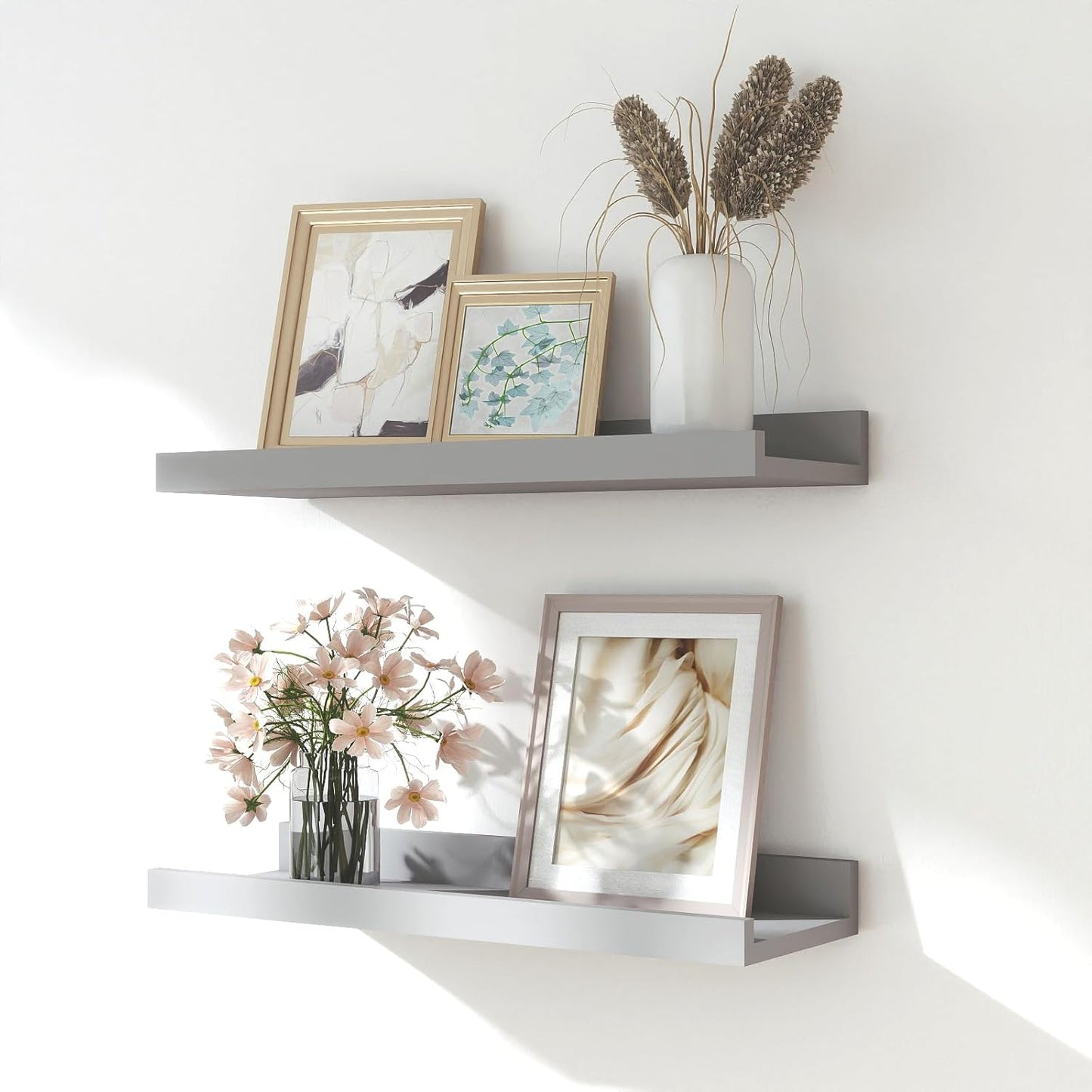 White Floating Shelves for Wall Decor, Wall Mounted Wood Storage Shelf for Bedroom, Living Room, Bathroom, Kitchen, Nursery, Display Picture Ledge Shelf with Lip Set of 2-14 Inches, White