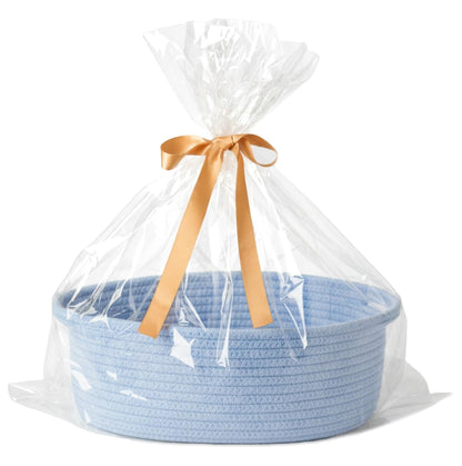 Small Woven Gift Basket Empty with Bag & Ribbon - Gifts for Mom, Baby Shower, Birthdays & Raffle - Cotton Rope Storage Basket for Dog Toys or Shelf - 12"x8"x5", White