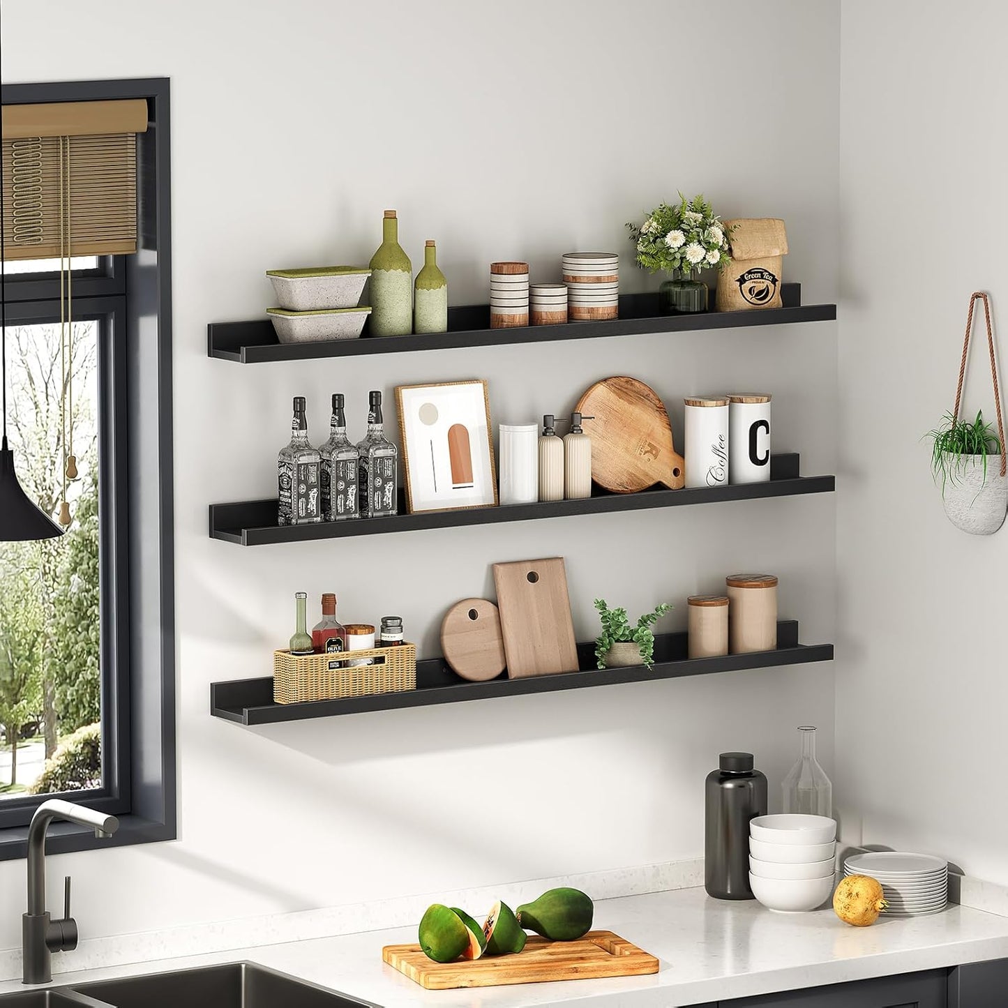 HOOBRO Floating Shelves, Wall Shelf Set of 3, 35.4 Inches Hanging Shelf with Raised Edge and Invisible Brackets, for Bathroom, Bedroom, Kitchen, Office, Living Room Decor, Rustic Brown BF90BJ01