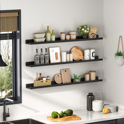 HOOBRO Floating Shelves, Wall Shelf Set of 3, 35.4 Inches Hanging Shelf with Raised Edge and Invisible Brackets, for Bathroom, Bedroom, Kitchen, Office, Living Room Decor, Rustic Brown BF90BJ01