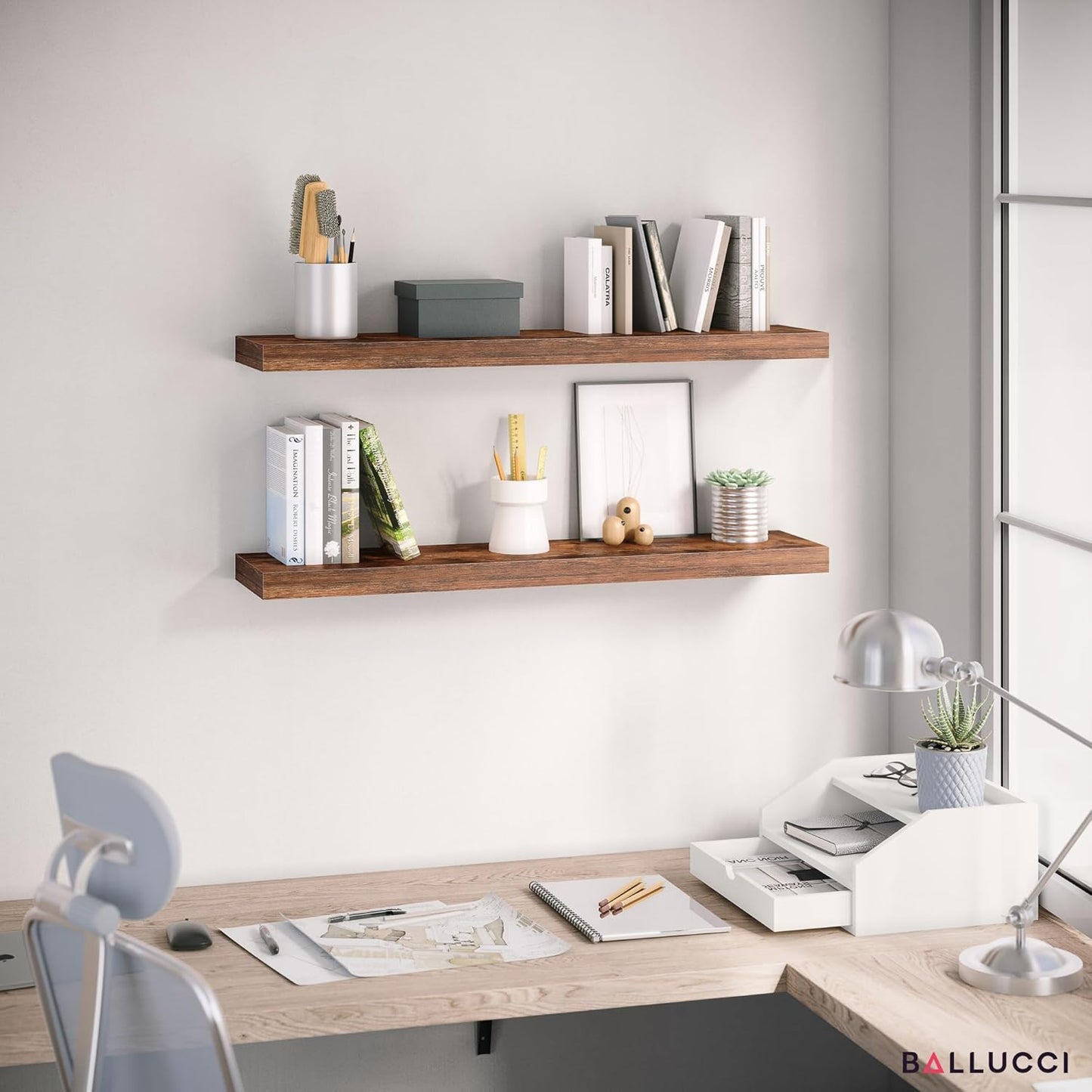 Ballucci Floating Shelves for Wall, 48" Wood Wall Shelf Set of 2, with Invisible Brackets for Bathroom, Living Room, Bedroom, Kitchen, Nursery, 8" Deep, Black