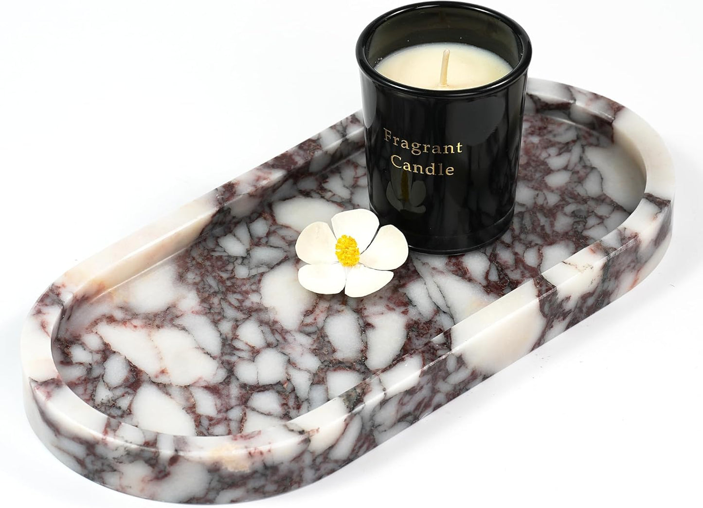 Marble Perfume Tray with Legs - Oval Decorative Stone Pedestal for Bathroom Vanity Coffee Table Kitchen Countertop, Footed Jewelry Candle Organizers Catchall Plate Riser with Scalloped Feet