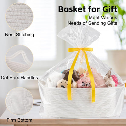 OIAHOMY Woven Basket, Gift Basket Empty with Gift Bags and Ribbons, Rope Baskets for Baby Showers, Storage Baskets with Handles for Nursery, Pet Toy Organizer - White