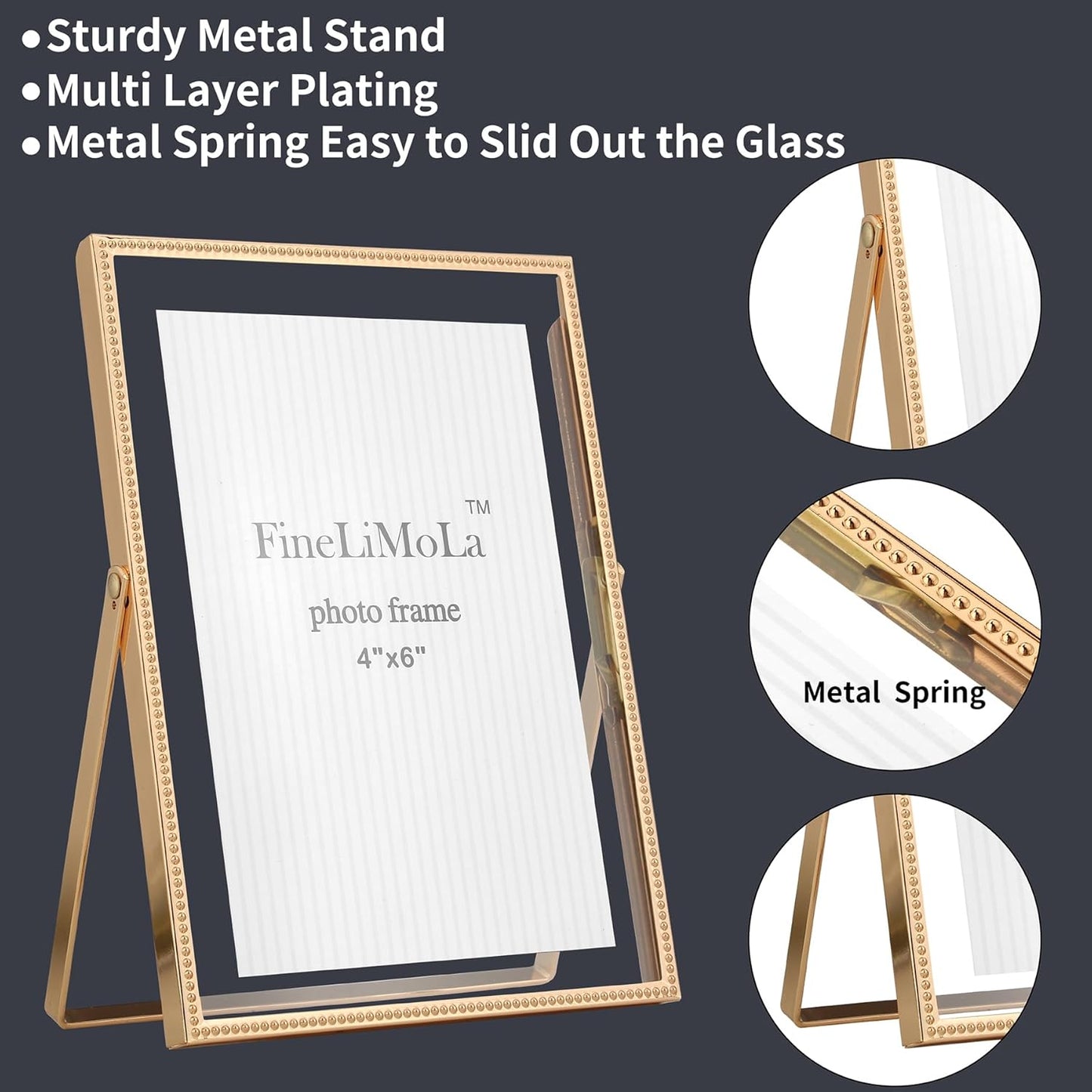 Gold 6x8'' Floating Photo Frame 2 Pack, Beaded Metal Frame Fits 3.5x5'', 4x6'' & 5x7'' Pictures, Adjustable Tabletop & Shelf Display, Elegant Wedding Gift for Home Decor