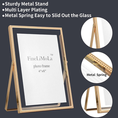 Gold 6x8'' Floating Photo Frame 2 Pack, Beaded Metal Frame Fits 3.5x5'', 4x6'' & 5x7'' Pictures, Adjustable Tabletop & Shelf Display, Elegant Wedding Gift for Home Decor