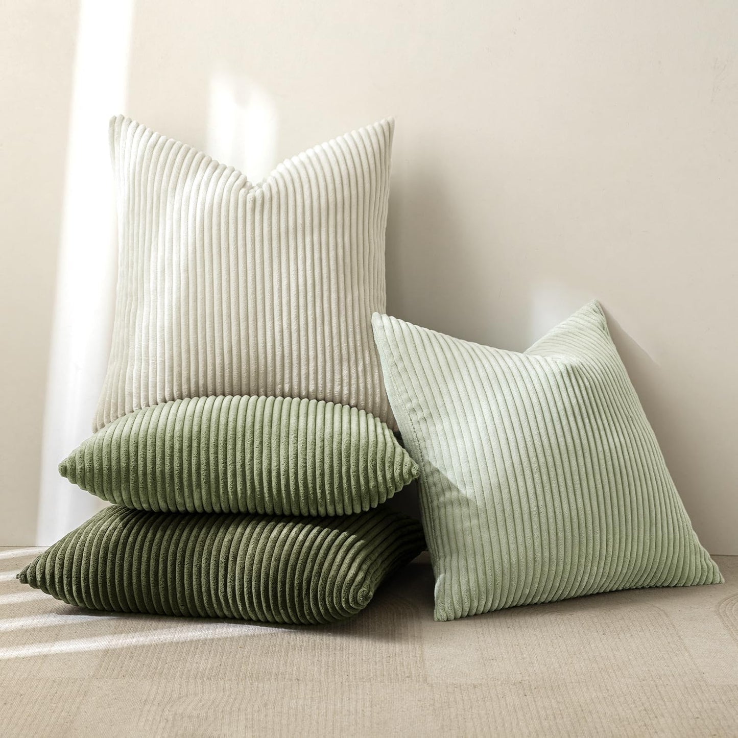 MIULEE Boho Farmhouse Sage Green Throw Pillow Covers 18x18 Inch Set of 4 Mordern Nordic Cushion Covers Soft Corduroy Spring Home Decor for Couch Bed Sofa Living Room Forest Green