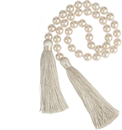 34 Inch Pearl Glass Bead Garland with Tassels - Elegant Boho Table Decor, Fringe Wall Hanging for Wedding, Party, Farmhouse Rustic Prayer Bead Home Decoration(1 Pack,Gold)